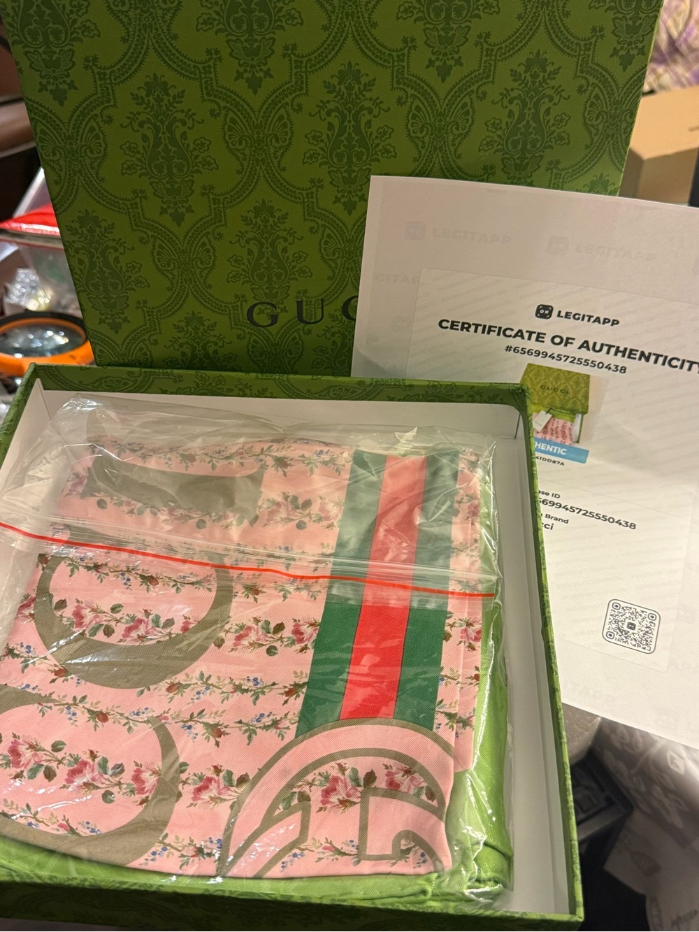 Gucci Pink Floral Silk Scarf with Green and Red Stripe New with COA